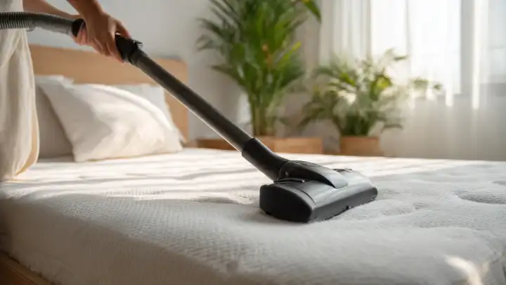 Come pulire il materasso senza lavarlo: il metodo dell'aspirapolvere Persona che passa l'aspirapolvere sul materasso in una camera da letto luminosa