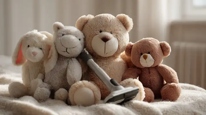 Come pulire i peluche senza lavarli in lavatrice Fila di peluche (coniglio, gatto, orsi) con bocchetta dell'aspirapolvere appoggiata su uno di loro