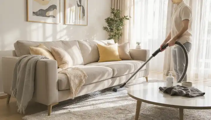 Persona che passa l'aspirapolvere sul tappeto davanti a un divano beige con cuscini gialli