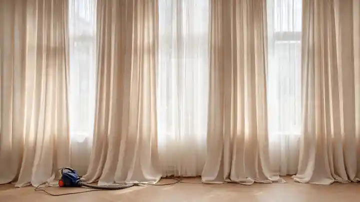 Come pulire le tende senza lavarle spesso Lunghe tende beige davanti alle finestre con un aspirapolvere a traino a terra