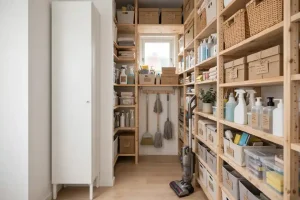 Ripostiglio organizzato con scaffali in legno, contenitori etichettati, strumenti di pulizia appesi e mobile alto IKEA NYSJÖN per ottimizzare lo spazio.