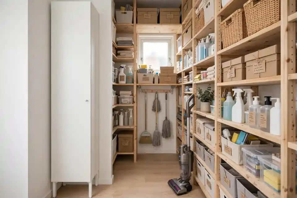 Ripostiglio organizzato con scaffali IKEA e contenitori salvaspazio Ripostiglio organizzato con scaffali in legno, contenitori etichettati, strumenti di pulizia appesi e mobile alto IKEA NYSJÖN per ottimizzare lo spazio.