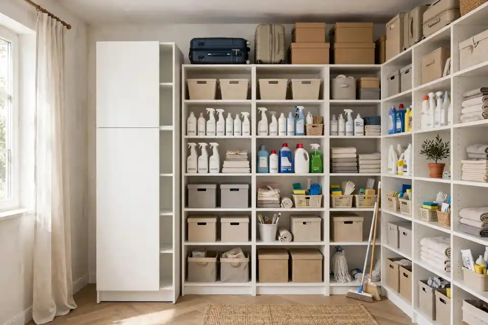 Ripostiglio organizzato con scaffali IKEA e contenitori salvaspazio Ripostiglio organizzato con scaffali bianchi IKEA, contenitori etichettati, prodotti per la pulizia, asciugamani piegati e valigie riposte in alto, illuminato da luce naturale.