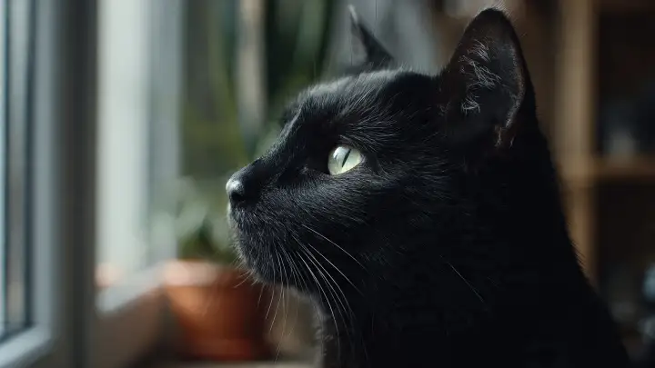 Mistero ed eleganza in un ritratto felino Primo piano di un gatto nero con occhi verdi che guarda fuori dalla finestra