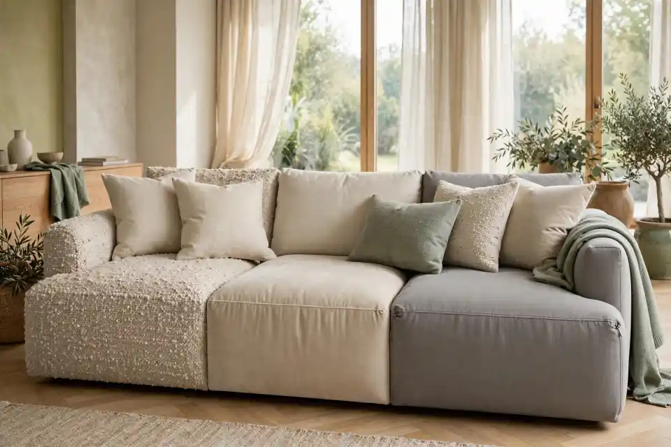 Divano modulare mix di tessuti su pavimento in parquet Divano modulare con mix di tessuti in tre tonalità, bouclé panna, velluto beige e tessuto grigio, su pavimento in parquet, con cuscini verde salvia e plaid coordinato