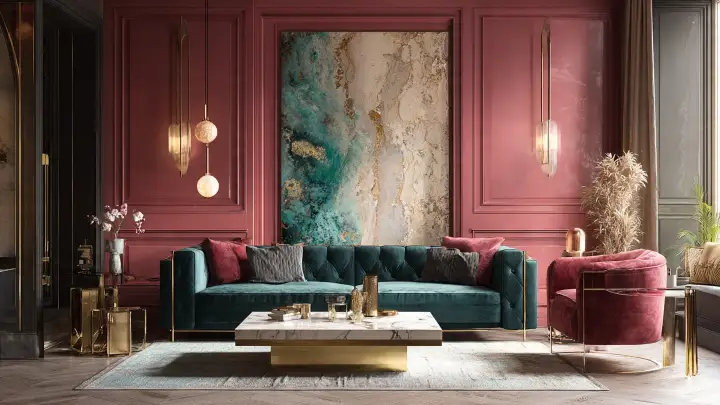 Salotto glamour boiserie rosa divano velluto verde Salotto di lusso con boiserie rosa antico, divano velluto verde smeraldo capitonné, poltroncina bordeaux e tavolino in marmo e ottone