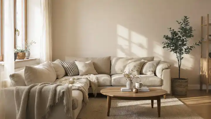 Salotto accogliente con divano beige e luce naturale Salotto accogliente in stile minimal con divano ad angolo beige, cuscini e plafant, tavolino in legno con vaso di fiori secchi, tappeto tessuto e pianta verde vicino alla finestra