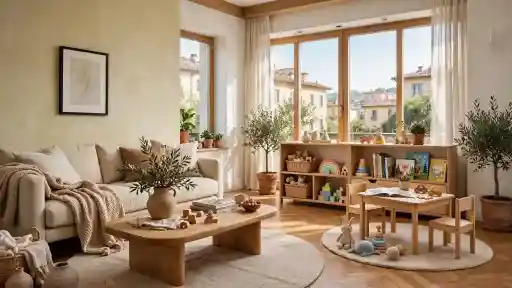 Salotto con angolo gioco integrato e arredi organizzati Salotto luminoso con angolo gioco integrato, tavolino bambini in legno, scaffali con giochi e zona relax con divano beige.
