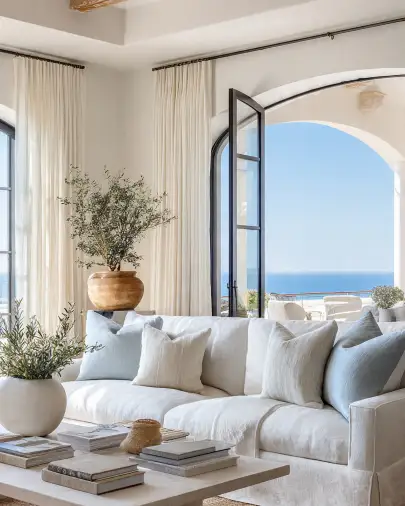 Salotto casa al mare con arco e vista sull'oceano Salotto luminoso in stile mediterraneo con divano bianco in lino, cuscini celesti, vasi di ulivo e portafinestra ad arco affacciata sul mare