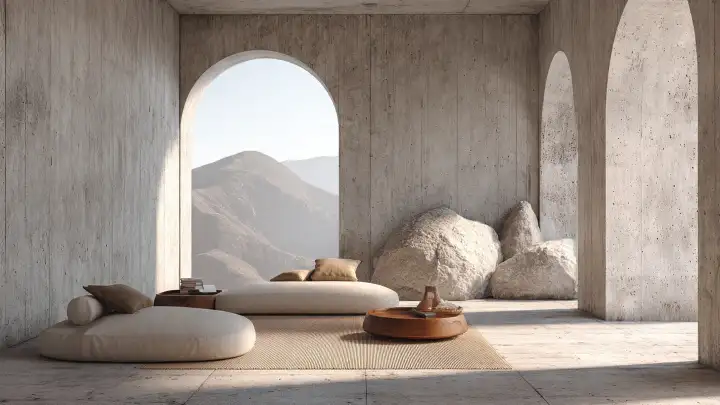 Salotto brutalista divani rotondi arco montagna Salotto minimal in stile brutalista con divani rotondi color panna, arco che incornicia una vista montana e grandi rocce naturali come elemento decorativo