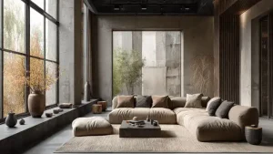 Salotto contemporaneo firmato architetti con divano angolare beige, pareti in cemento e pietra a spatolato, grandi vetrate e pouf coordinato