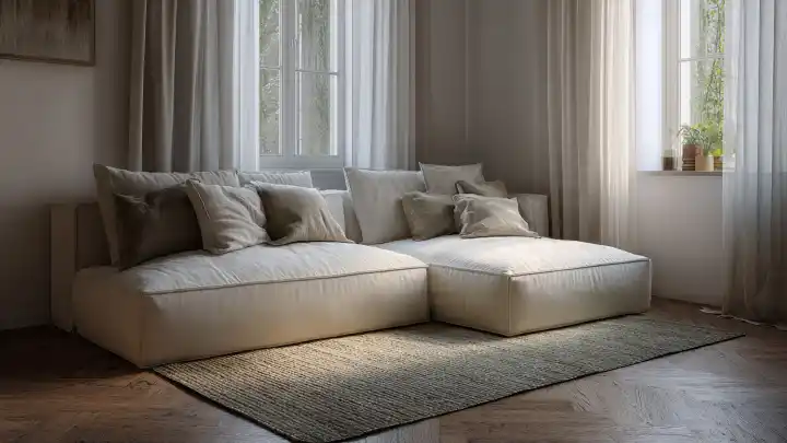 Salotto elegante: divano, cuscini e tende da mantenere puliti Divano modulare in tessuto color panna con cuscini decorativi, tende lunghe e tappeto in fibra naturale
