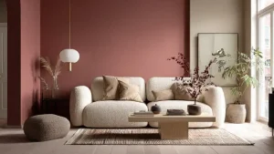 Salotto con parete terracotta scura, divano bouclé panna con cuscini nude e tavolino basso in legno chiaro