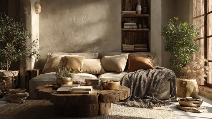 Salotto rustico wabi-sabi con divano in lino e tavolino in tronco Salotto in stile rustico wabi-sabi con divano in lino grezzo e cuscini nei toni del beige e del cuoio, plaid in lana grossa, tavolino ricavato da un tronco di legno con libri e ciotole in legno, libreria a parete e piante d'ulivo ai lati della finestra