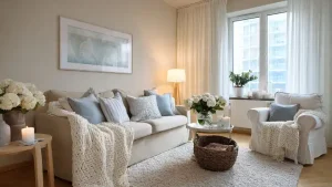 Salotto in stile shabby chic con divano e poltrona rivestiti in tessuto panna, cuscini nei toni dell'azzurro, plaid in lana lavorati a maglia, tavolino rotondo con vaso di ortensie bianche e candele, cesto in vimini e tappeto shaggy chiaro