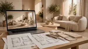 Scrivania con laptop che mostra un rendering di soggiorno moderno accanto a planimetrie stampate, campioni di tessuto e marmo, per la progettazione online degli interni