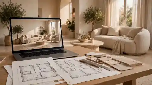 Programma per arredare casa gratis: dalla planimetria al rendering 3D Scrivania con laptop che mostra un rendering di soggiorno moderno accanto a planimetrie stampate, campioni di tessuto e marmo, per la progettazione online degli interni