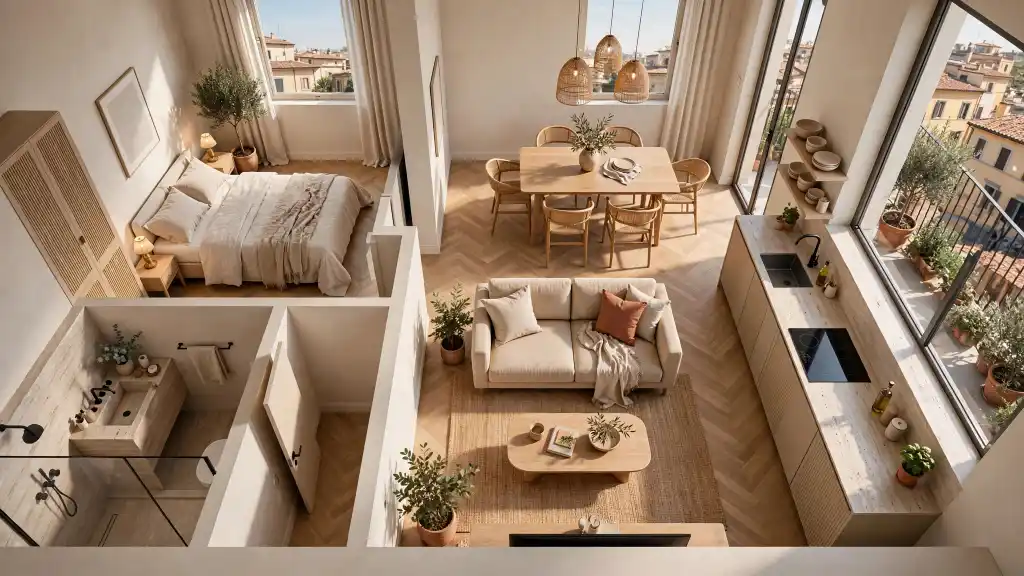 Progettare un monolocale open space con un software online gratuito Vista dall'alto di un monolocale open space con zona notte, bagno, cucina, angolo pranzo e soggiorno, esempio di progetto 3D realizzabile con un software di arredamento online