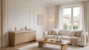 Soggiorno moderno in palette Cloud Dancer con divano bianco etereo, legno chiaro, tende leggere e arredi minimal.
