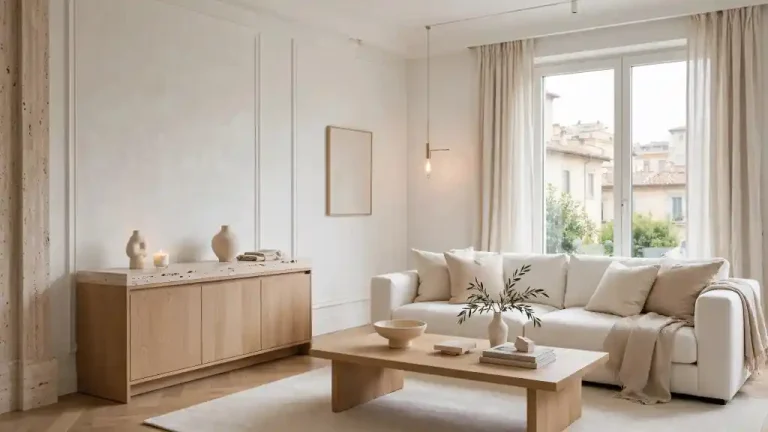 Soggiorno moderno in palette Cloud Dancer con divano bianco etereo, legno chiaro, tende leggere e arredi minimal.
