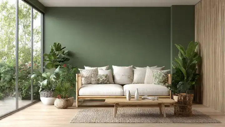Soggiorno Japandi con Parete Verde Oliva e Finestre sul Giardino Soggiorno in stile Japandi con parete verde oliva, divano in legno chiaro con cuscini, ampie finestre con vista sul giardino e parete a listelli di legno.