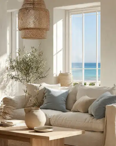 Soggiorno casa al mare con lampada rattan e vista sull'oceano Soggiorno costiero con divano beige, cuscini celesti, lampada in rattan intrecciato e finestra con vista sul mare turchese