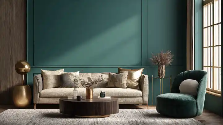 Soggiorno di lusso con pareti verdi pavone e accenti dorati. Un soggiorno lussuoso con pareti verdi pavone e modanature classiche, arredato con un divano in tessuto beige, una poltrona in velluto verde scuro, un tavolino rotondo in legno e dettagli dorati.