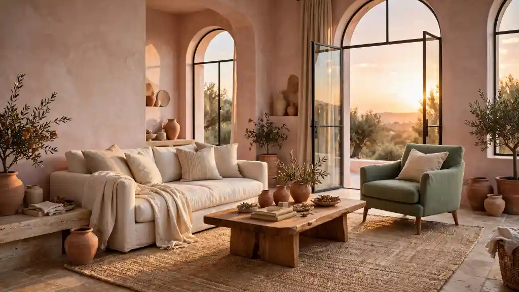 Soggiorno mediterraneo sabbia rosato Soggiorno in stile mediterraneo con parete sabbia rosato, divano crema, poltrona verde, tavolino rustico in legno e grandi archi che illuminano l’ambiente con luce dorata.