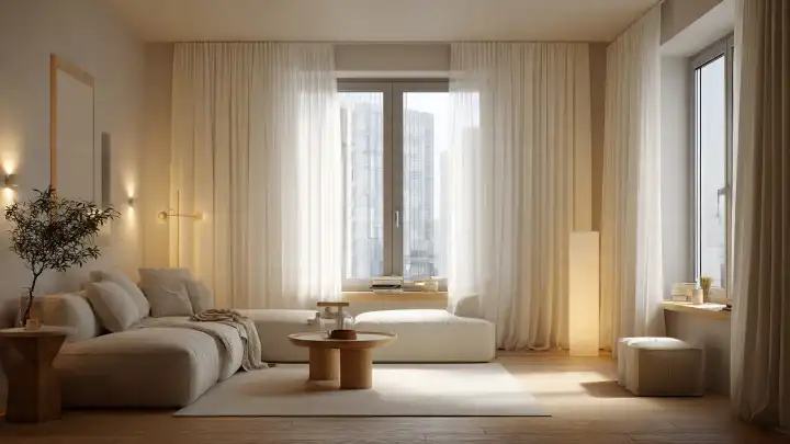 Soggiorno minimal con tende leggere per uno spazio più arioso Soggiorno minimal con divano modulare grigio, tende leggere e vista sui grattacieli