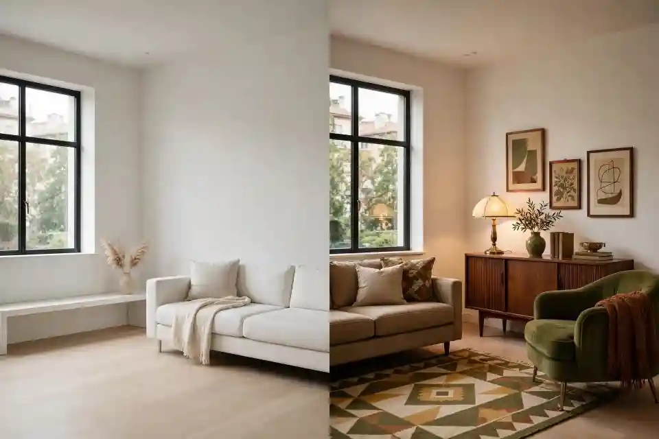 Soggiorno minimal vs retrò con arredi vintage Confronto tra soggiorno minimal e soggiorno retrò con arredi in legno, poltrona verde, tappeto geometrico e decorazioni vintage.