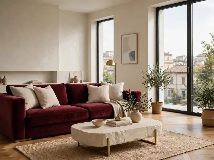 Soggiorno moderno con divano bordeaux Soggiorno moderno con divano bordeaux in velluto, tavolino in pietra e grandi finestre luminose.