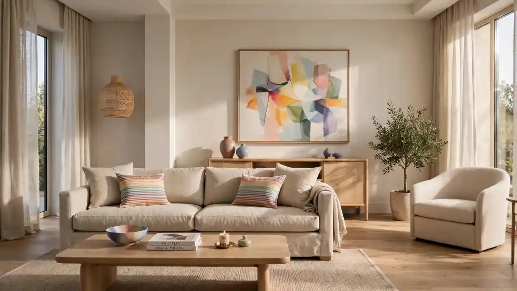 Soggiorno moderno con dettagli rainbow decor Soggiorno moderno con palette neutra e dettagli arcobaleno in cuscini e quadro astratto, esempio di rainbow decor adulto