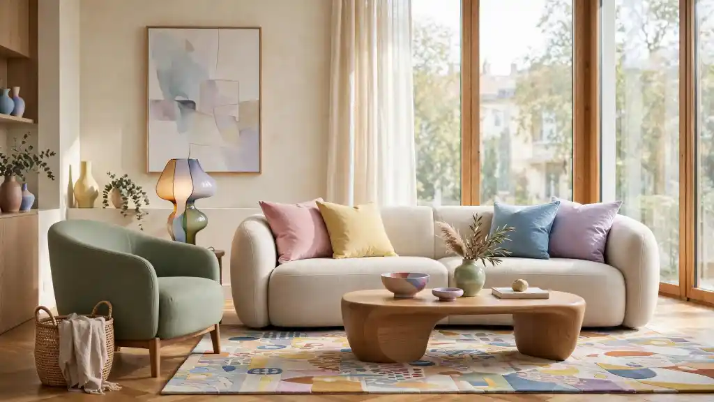 Soggiorno moderno con dettagli rainbow pastello Soggiorno moderno con cuscini pastello, tappeto multicolore e dettagli arcobaleno in un ambiente luminoso e contemporaneo.