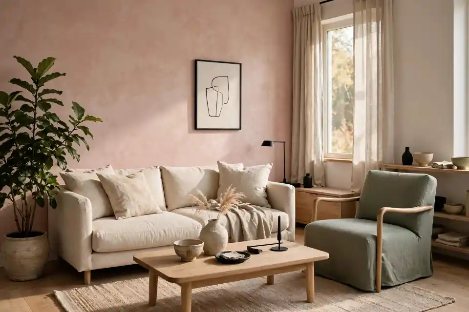 Soggiorno moderno con parete sabbia rosato Soggiorno moderno con parete sabbia rosato, divano beige, poltrona verde salvia, tavolino in legno e decorazioni naturali illuminate da luce filtrata.
