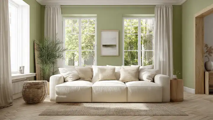 Soggiorno moderno con pareti verde salvia e divano crema. Un soggiorno luminoso con pareti color verde salvia, un grande divano componibile color crema, pavimenti in legno chiaro e due ampie finestre che affacciano su alberi verdi.