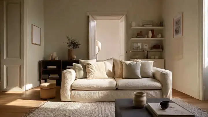 Soggiorno con porta aperta per creare continuità tra gli ambienti Soggiorno con porta aperta sul corridoio, divano bouclé panna e mensole a parete