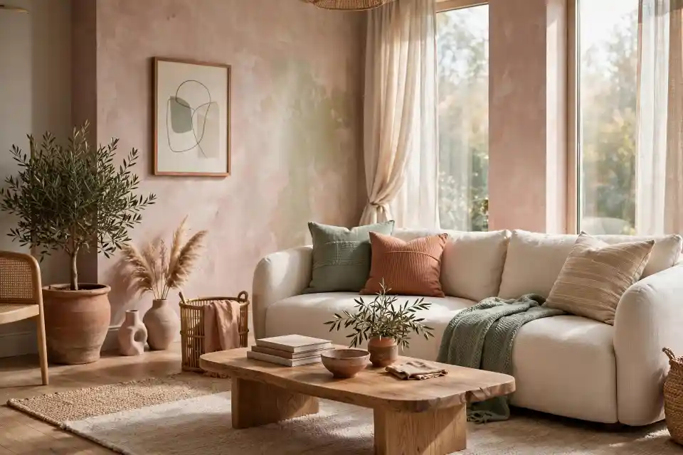 Soggiorno sabbia rosato in stile naturale Soggiorno luminoso in stile naturale con parete sabbia rosato, divano bianco, cuscini nei toni verde salvia e ruggine, tavolino in legno chiaro, piante e decorazioni in materiali naturali