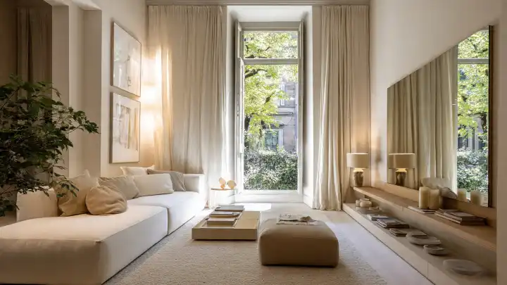 Soggiorno stretto con soffitti alti e specchio per guadagnare profondità Soggiorno stretto con soffitto alto, finestra francese sul verde e specchio a parete lungo la madia