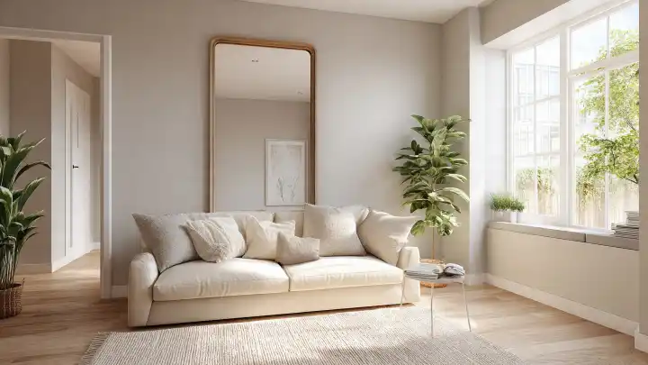 Soggiorno con specchio a tutta altezza per raddoppiare lo spazio percepito Soggiorno beige con specchio a tutta altezza sopra il divano e piante verdi vicino alla finestra