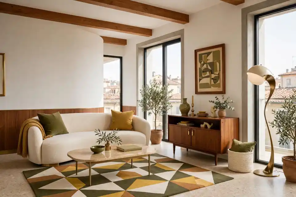 Soggiorno stile retrò con divano curvo e arredi mid‑century Soggiorno retrò con divano curvo crema, cuscini senape e verdi, tavolino ovale marmo e arredi in legno mid‑century