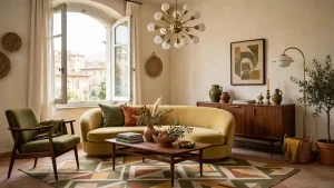Soggiorno stile retrò con divano senape curvo, poltrona verde, tappeto geometrico anni ’70 e mobili in legno mid‑century