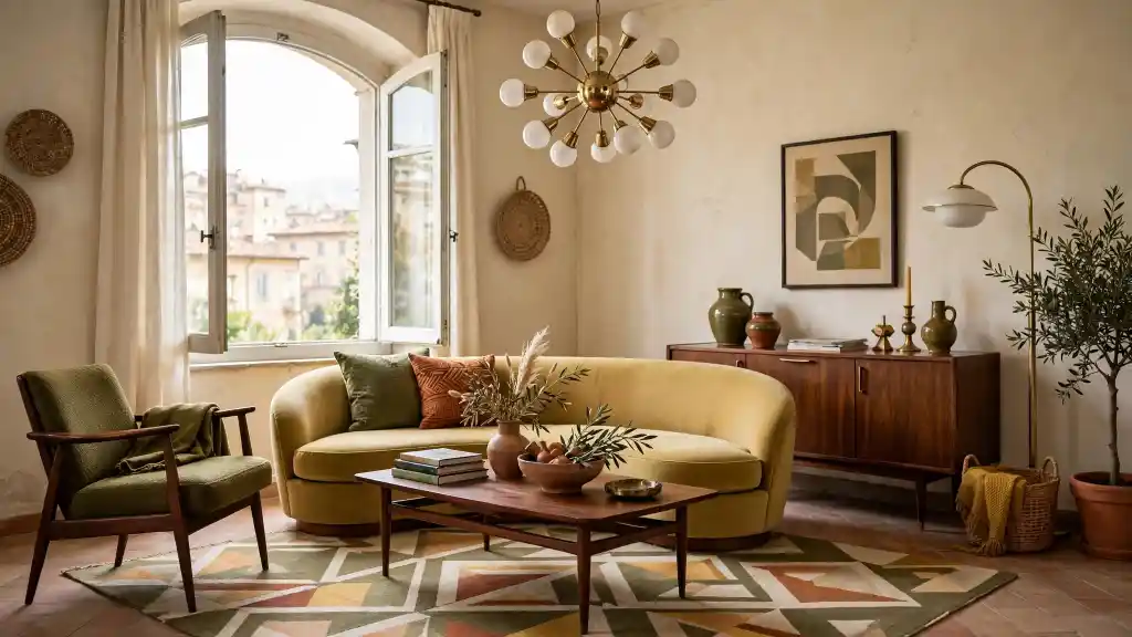Soggiorno stile retrò con arredi mid‑century Soggiorno stile retrò con divano senape curvo, poltrona verde, tappeto geometrico anni ’70 e mobili in legno mid‑century