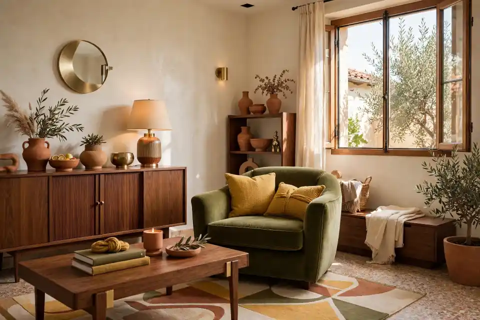 Soggiorno stile retrò con poltrona verde e mobili in legno Soggiorno retrò con poltrona verde, mobili in legno, tappeto geometrico e decorazioni in terracotta in stile mid‑century.