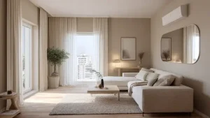 Soggiorno luminoso con divano ad angolo beige, tende chiare fino al soffitto e specchio grande che riflette la luce