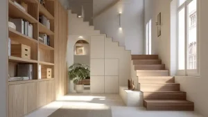 Sottoscala con libreria in legno naturale a tutta altezza e armadio beige a moduli quadrati, scala in noce sullo sfondo