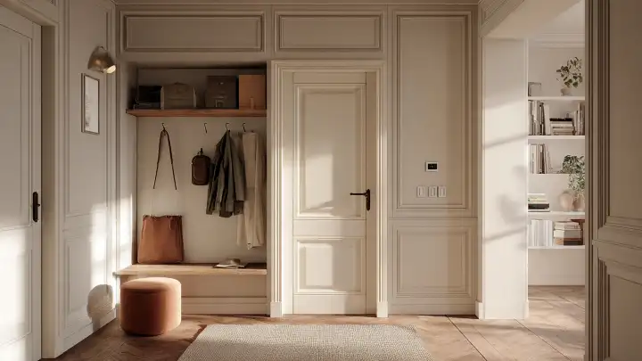Idee boiserie: nicchia attrezzata accanto alla porta Nicchia integrata nella boiserie accanto alla porta con attaccapanni, mensola con scatole, panca in legno e pouf color terracotta