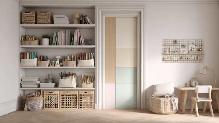 Idee cameretta: libreria organizzata accanto alla porta Cameretta con libreria a giorno accanto alla porta, ripiani con libri, cesti in vimini e scatole colorate per organizzare giochi e materiale scolastico