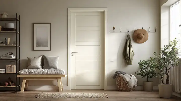 Idee ingresso: zona accoglienza organizzata dietro la porta Ingresso con appendiabiti a parete accanto alla porta, panca in legno con cuscini, cesto in vimini e scaffale portaoggetti