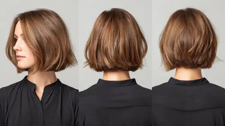 Taglio capelli anti afa: bob corto 360 gradi Bob corto castano con riflessi caramello, viste frontale, laterale e posteriore, taglio anti afa