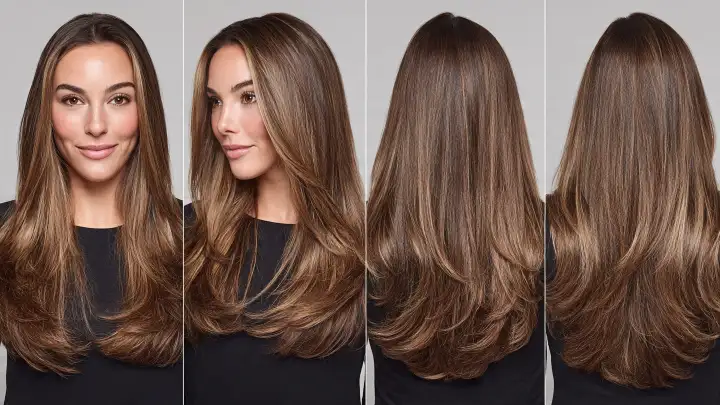 Taglio capelli anti afa: lunghi scalati balayage Capelli lunghi lisci scalati con balayage castano e biondo miele, viste frontale, laterale e posteriore, taglio anti afa
